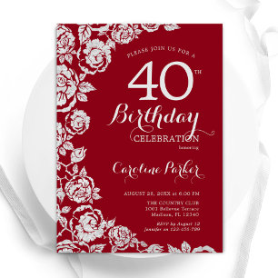 Elegant Red Silver Roses 40th Birthday Party Invitation