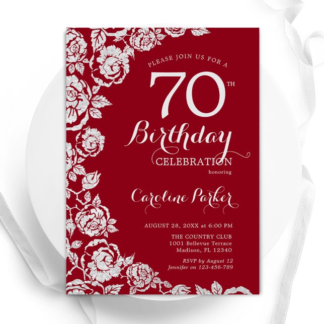 Elegant Red Silver Roses 70th Birthday Party Invitation (Creator Uploaded)