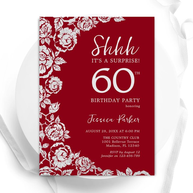 Elegant Red Silver Roses Surprise 60th Birthday Invitation (Creator Uploaded)