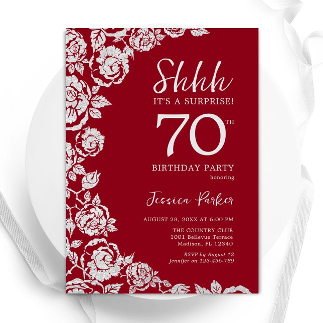 Elegant Red Silver Roses Surprise 70th Birthday Invitation (Creator Uploaded)