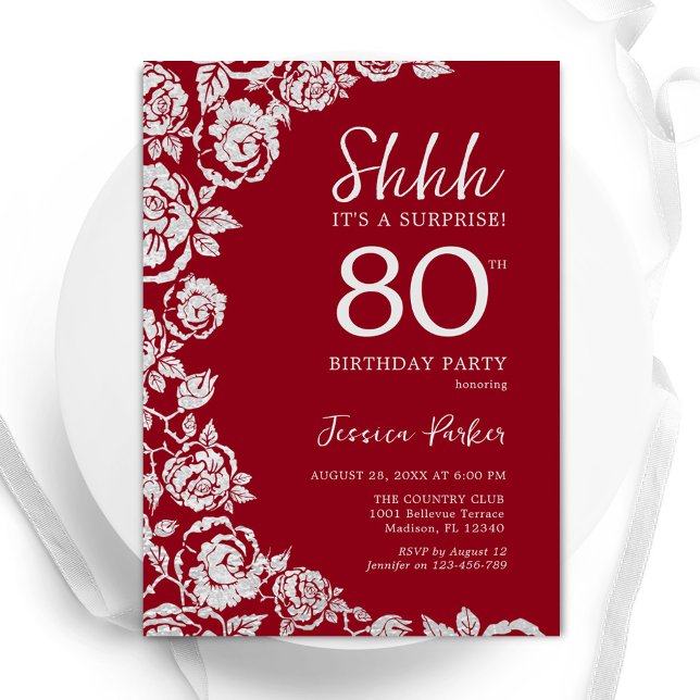 Elegant Red Silver Roses Surprise 80th Birthday Invitation (Creator Uploaded)