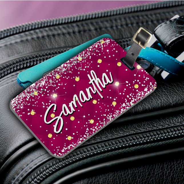 Elegant red silver sparkly glitter monogram luggage tag (Creator Uploaded)