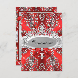 Elegant Red Silver Tiara Damask Quinceanera Invite