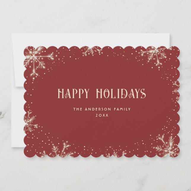 Elegant Red Snowflake Snow Happy Holidays Card (Front)