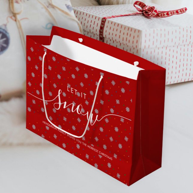 Elegant red snowflakes and dots custom large gift bag (Elegant red personalized gift bag with snowflakes and custom greeting and text)