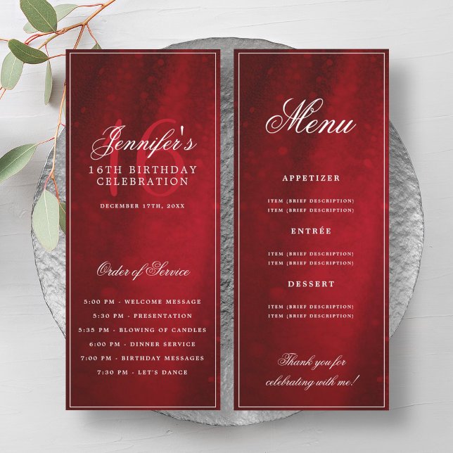 Elegant Red Sparkle 16th Birthday Program Menu Invitation (Elegant Red Sparkle 16th Birthday Program Menu)