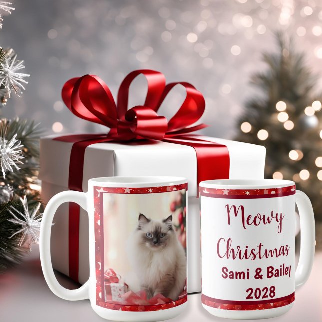 Elegant Red Stars Holiday Photo Coffee Mug (Red & White Stars Christmas Photo Coffee Mug)