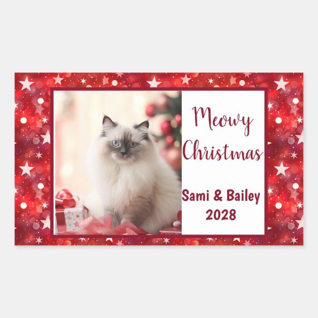 Elegant Red Stars Holiday Photo Rectangular Sticker (Front)