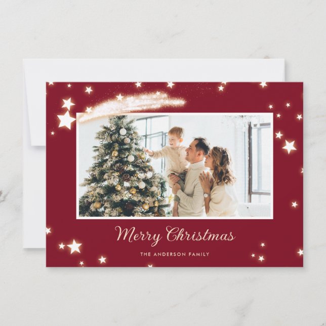Elegant Red Stars Photo Merry Christmas Cards (Front)