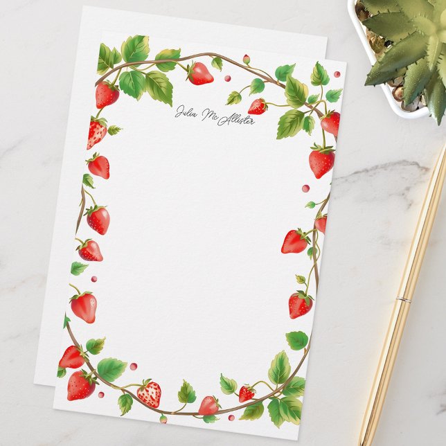 Elegant Red Strawberry Garden Border with Greenery Stationery (Creator Uploaded)