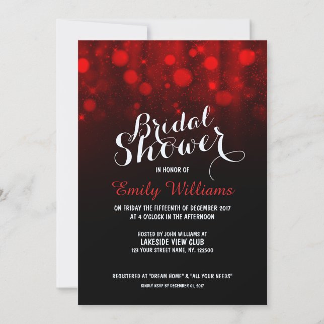 Elegant red string lights bokeh bridal shower invitation (Front)