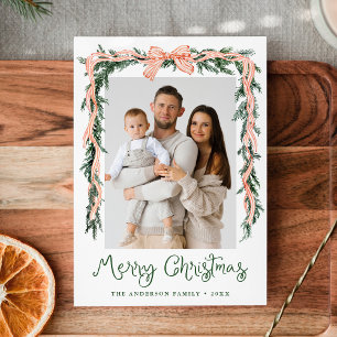 Elegant Red Striped Bow Greenery 4 Photo Holiday Card