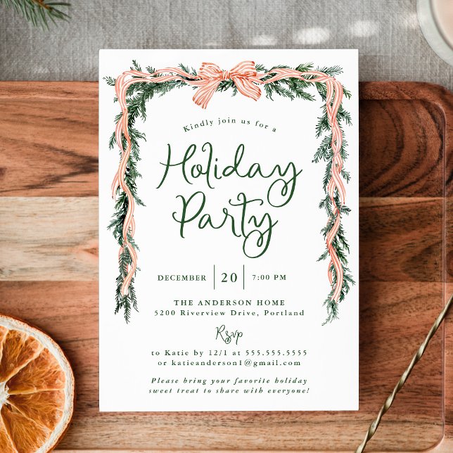 Elegant Red Striped Bow Greenery Holiday Party Invitation (Creator Uploaded)