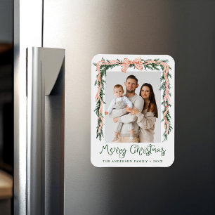 Elegant Red Striped Bow Greenery Holiday Photo Magnet