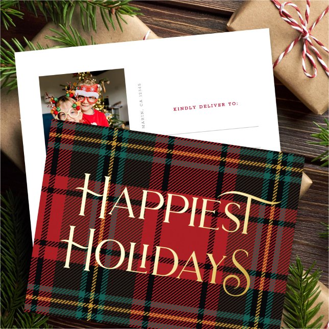 Elegant Red Tartan Christmas Photo Gold Foil Holiday Postcard (Creator Uploaded)