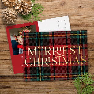 Elegant Red Tartan Christmas Photo Real Foil Card