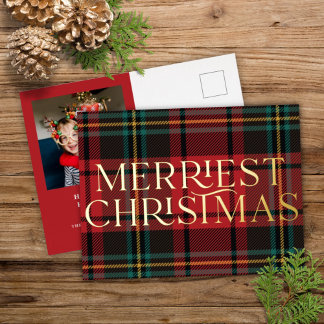 Elegant Red Tartan Christmas Photo Real Foil Card