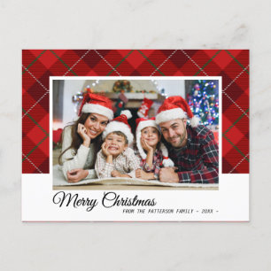 Elegant Red Tartan Merry Christmas Family Photo Postcard