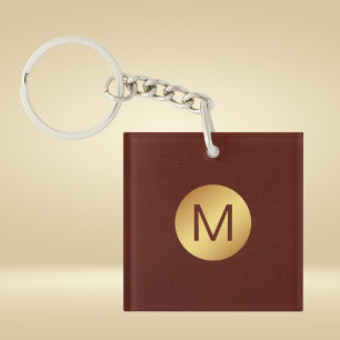 Elegant Red Texture & Gold Monogram Initial Key Ring