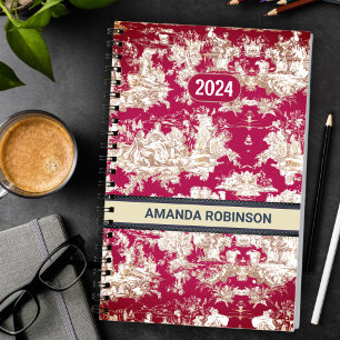 Elegant Red Toile de Jouy Vintage Monogram Planner