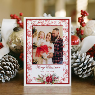 Elegant Red Toile w/Winter Floral Photo Holiday Card