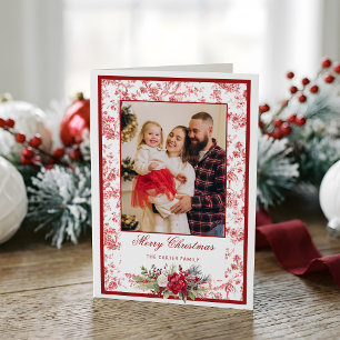 Elegant Red Toile w/Winter Floral Photo Holiday Card
