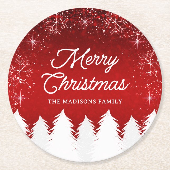 Elegant Red | Trees & Snowflakes Christmas Party Round Paper Coaster (Front)