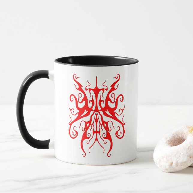 Elegant Red Tribal Mask Abstract Design Mug (With Donut)