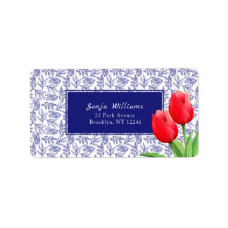Elegant Red Tulips Spring Floral Blue Label