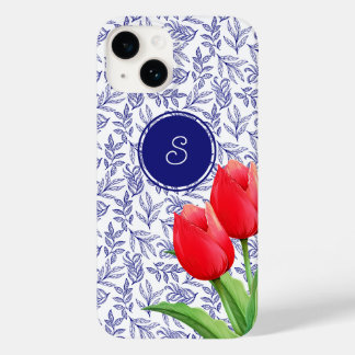 Elegant Red Tulips Spring Floral Blue Monogram Case-Mate iPhone 14 Case