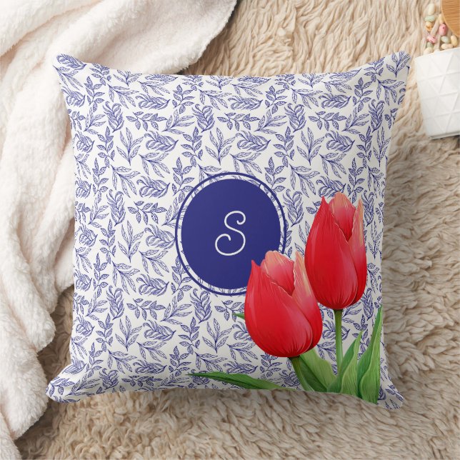 Elegant Red Tulips Spring Floral Blue Monogram Cushion (Blanket)