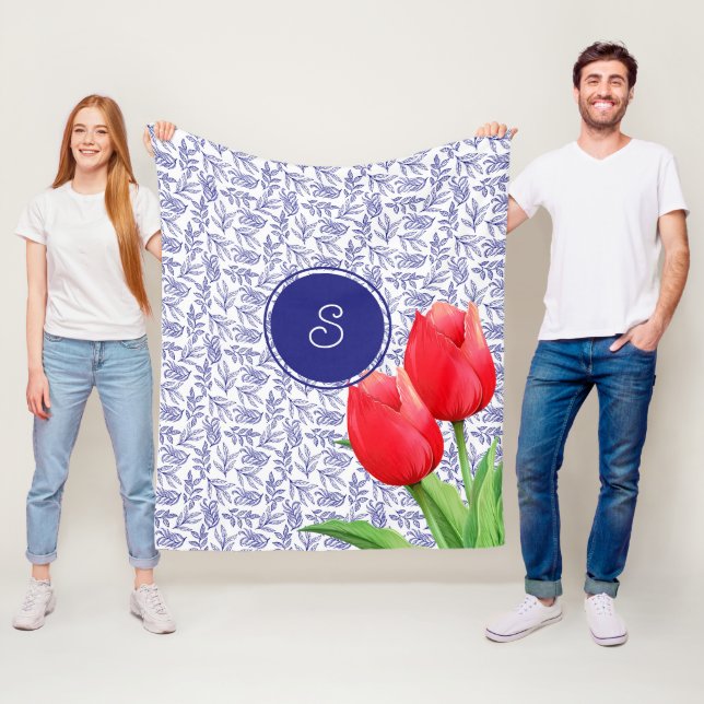 Elegant Red Tulips Spring Floral Blue Monogram Fleece Blanket (In Situ)