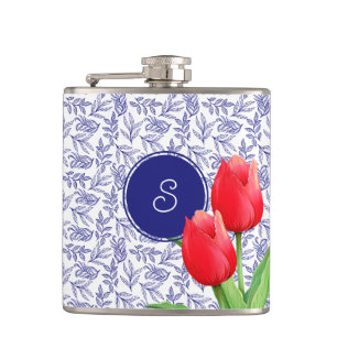 Elegant Red Tulips Spring Floral Blue Monogram Hip Flask