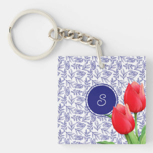 Elegant Red Tulips Spring Floral Blue Monogram Key Ring