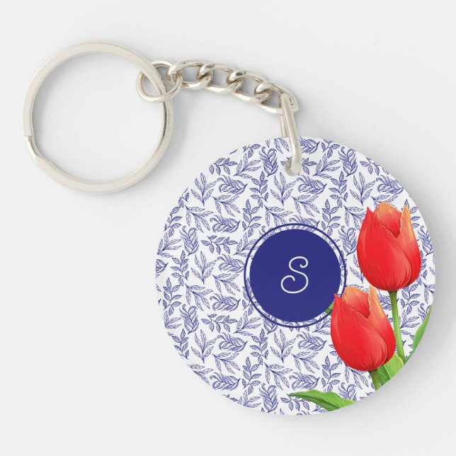 Elegant Red Tulips Spring Floral Blue Monogram Key Ring (Front)