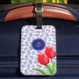 Elegant Red Tulips Spring Floral Blue Monogram Luggage Tag