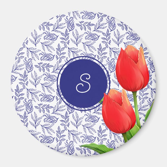Elegant Red Tulips Spring Floral Blue Monogram Magnet (Front)
