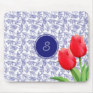 Elegant Red Tulips Spring Floral Blue Monogram Mouse Pad