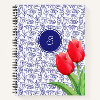 Elegant Red Tulips Spring Floral Blue Monogram Notebook