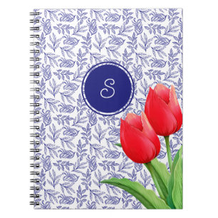 Elegant Red Tulips Spring Floral Blue Monogram Notebook