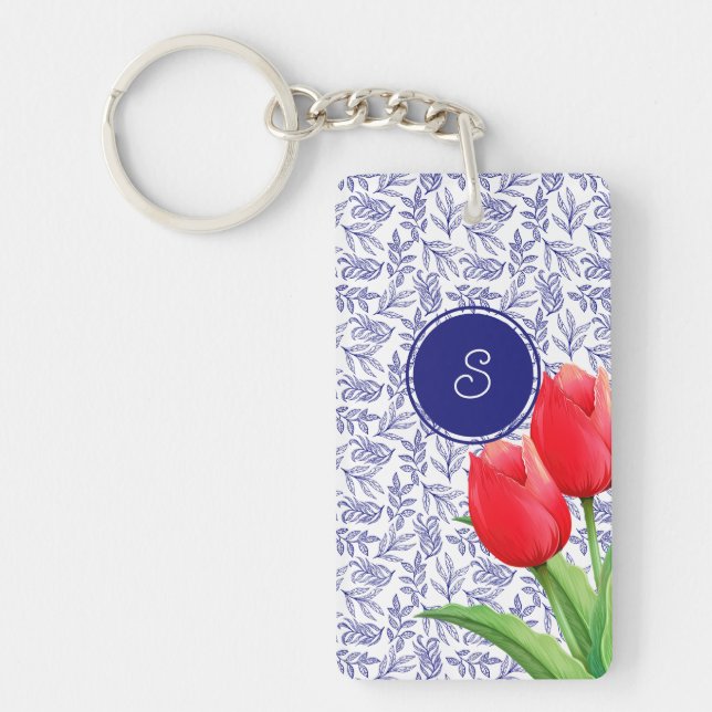 Elegant Red Tulips Spring Floral Blue Monogram Pla Key Ring (Front)