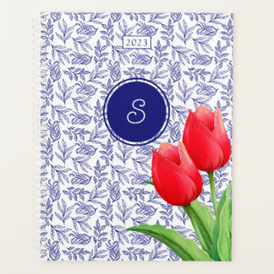 Elegant Red Tulips Spring Floral Blue Monogram Planner