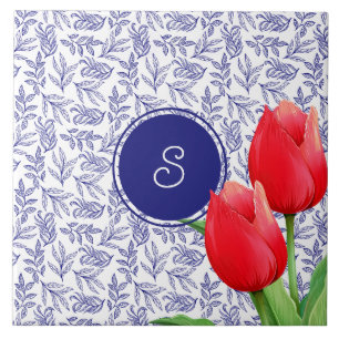 Elegant Red Tulips Spring Floral Blue Monogram Tile