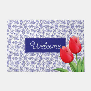 Elegant Red Tulips Spring Floral Blue Welcome Doormat