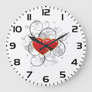 Elegant Red Twin Hearts with Flourish Swirls Large Clock