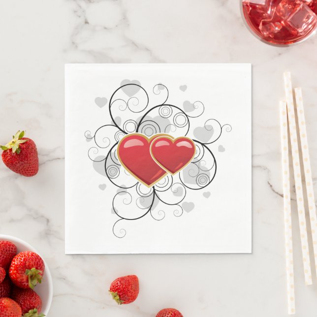 Elegant Red Twin Hearts with Flourish Swirls Napkin (Insitu)