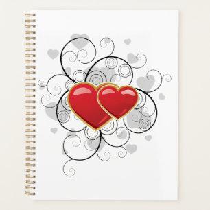 Elegant Red Twin Hearts with Flourish Swirls Planner