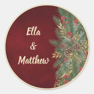 Elegant Red Velvet Christmas Botanical Wedding Classic Round Sticker