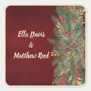 Elegant Red Velvet Christmas Evergreen Wedding Square Sticker