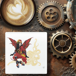 Elegant Red Victorian Steampunk Fairy Octopus Glass Coaster